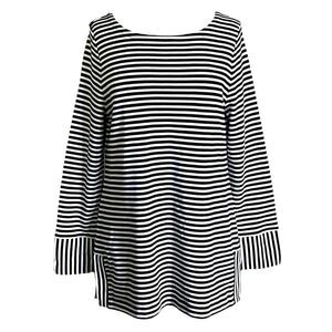 Talbots Womens Tunic Top Sz L Black White Stripe Cotton Pullover Blouse Nautical